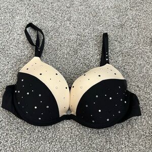 Ambrielle Black and Cream Push-Up Bra with Rhinestone Accents